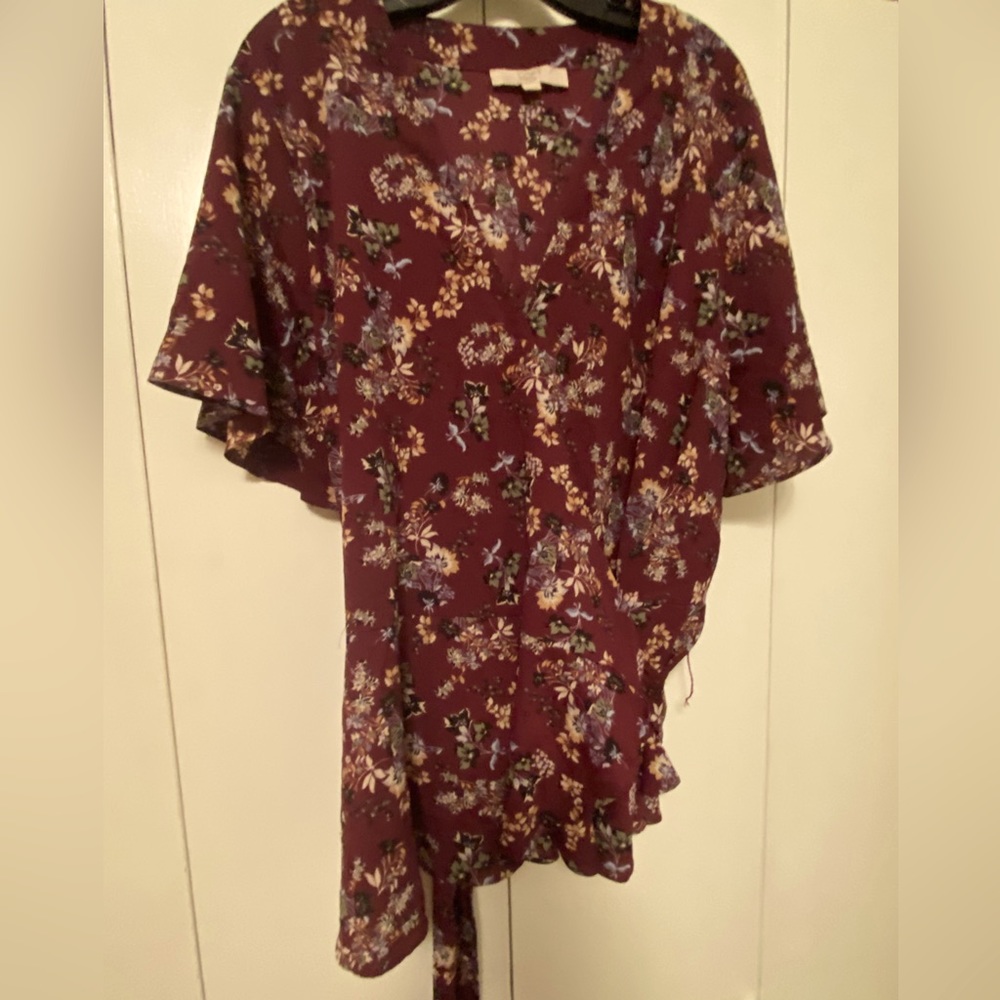 Loft Wrap Blouse, Dark Purple with Floral Design Size 26